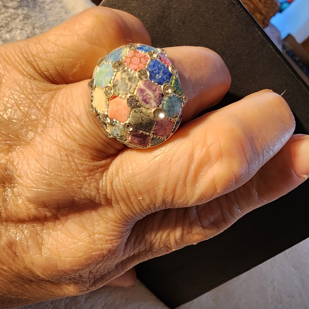 Viva Beads Adj Statement Ring – Colorful Mosaic Patchwork with Crystals NWT